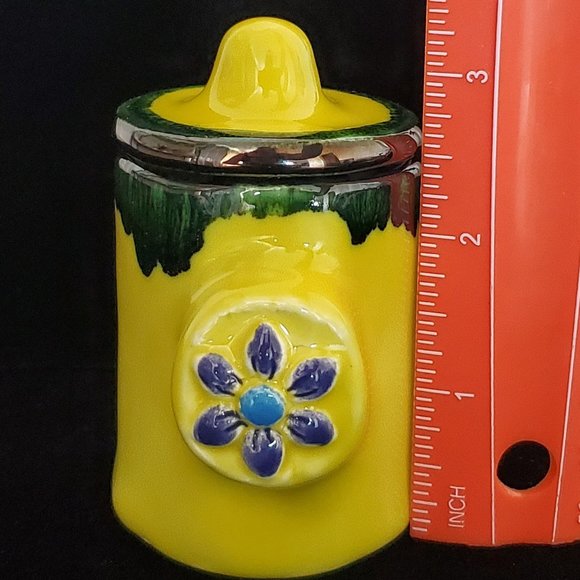 Handmade Small Ceramic Stash Jar in Bright Yellow with a Blue Flower - Picture 11 of 11